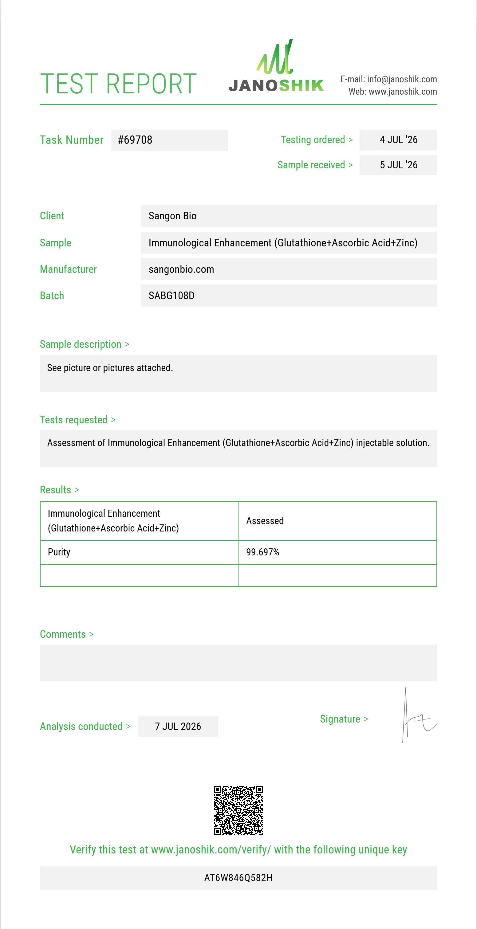 Immunological Enhancement (Glutathione 200mg+Ascorbic Acid 200mg+Zinc Sulfate 2.5mg) Purity (HPLC) report by Janoshik Analytical