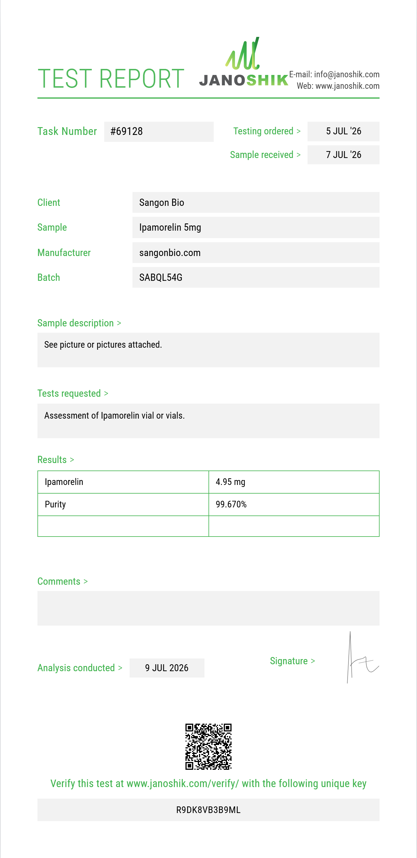 Ipamorelin Purity (HPLC) report by Janoshik Analytical