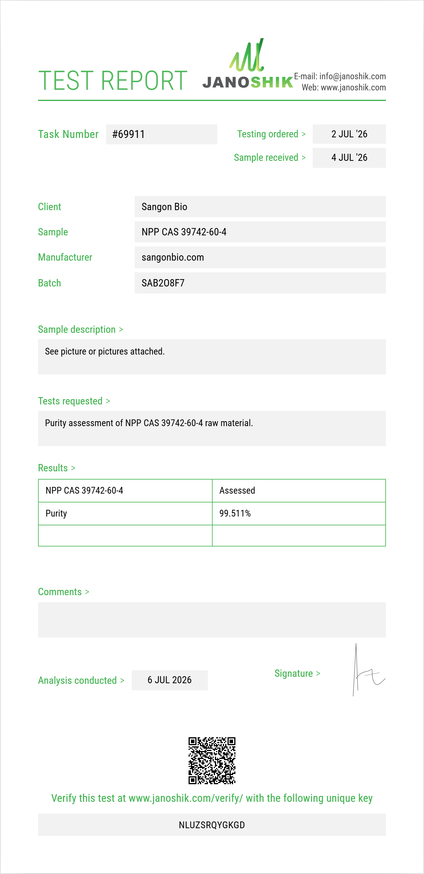 NPP (N-phenethyl-4-piperidone) CAS 39742-60-4 Purity (HPLC) report by Janoshik Analytical