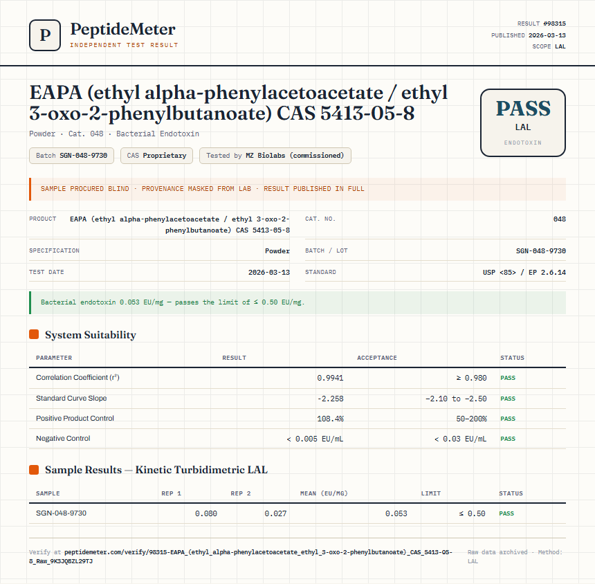 EAPA (ethyl alpha-phenylacetoacetate / ethyl 3-oxo-2-phenylbutanoate) CAS 5413-05-8 Endotoxin report by PeptideMeter