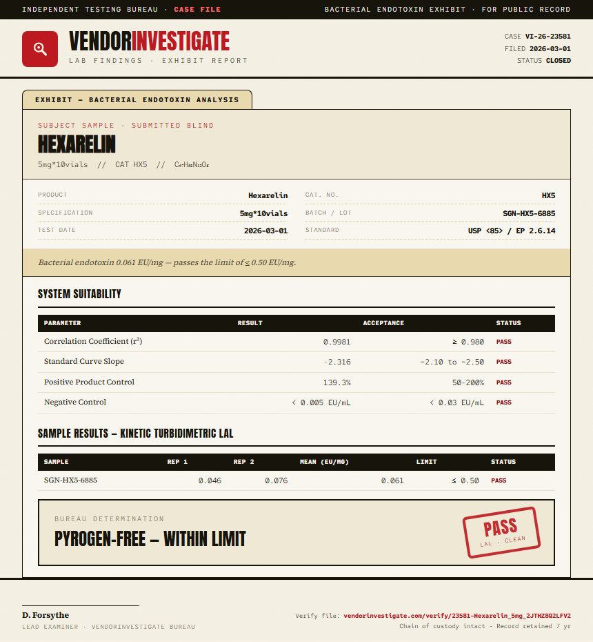 Hexarelin Endotoxin report by VendorInvestigate